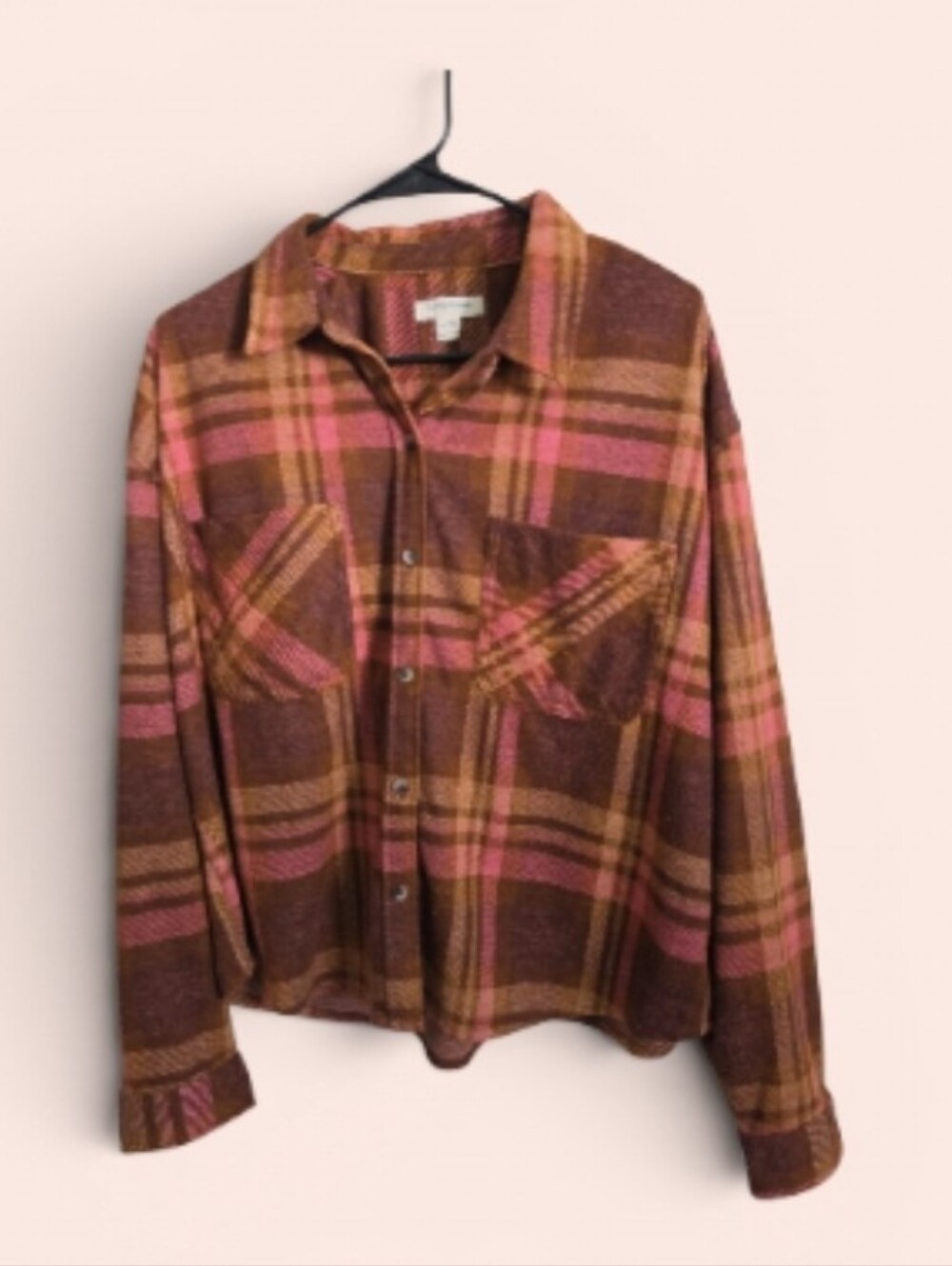 beachlunchlounge Brown & Pink Plaid Button-Front Shirt Jacket